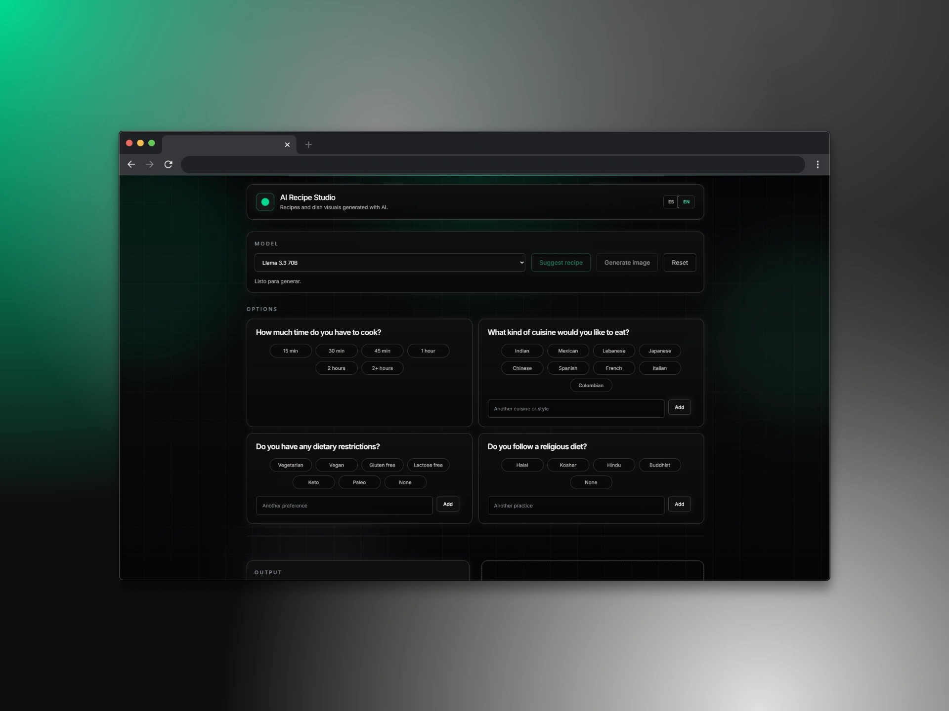 Screenshot of the AI Dietary Recipe Web Application